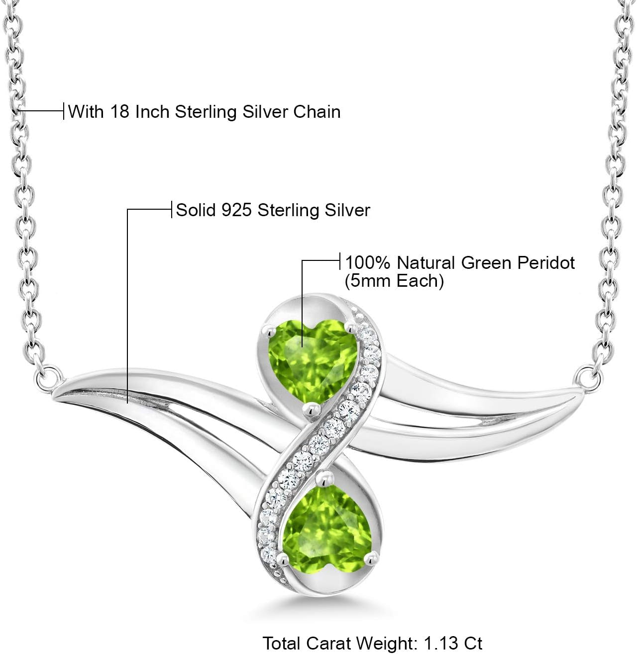 925 Sterling Silver Green Peridot and White Created Sapphire 2 Heart Infinity Pendant Necklace for Women (1.13 Cttw, Gemstone Birthstone, with 18 Inch Silver Chain)