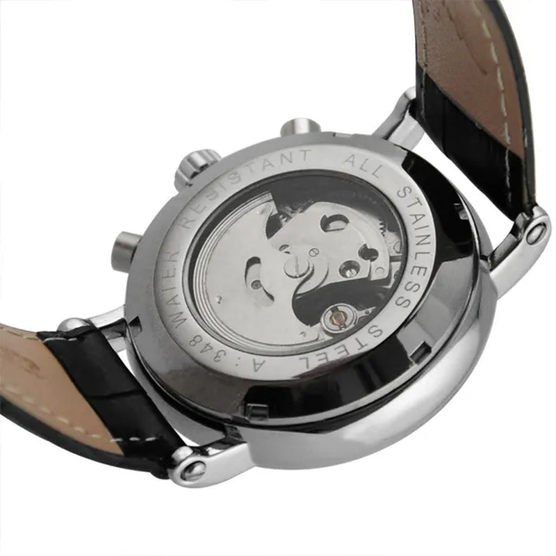 JARAGAR Automatic Mechanical Genuine Leather Strap Wrist Watch Luxury Gift for Men Fashion White Crystal Diamond Jewelry Accessories