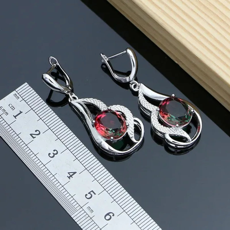 925 Silver Jewelry Sets for Women Rainbow Tourmaline Wedding Necklace Earrings Open Ring