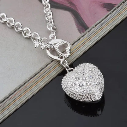 925 Sterling Silver Cute Crystal Heart Pendant Bracelet Necklace Set for Woman Wedding Engagement Party Charm Jewelry Gift