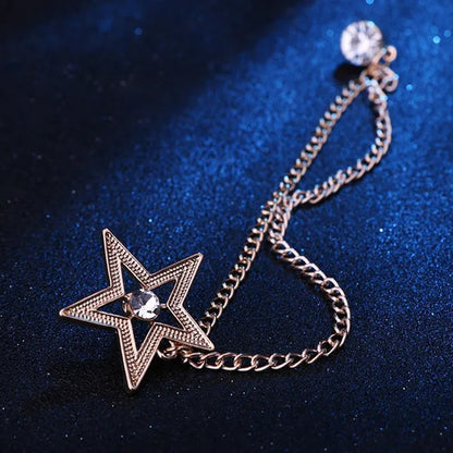 New Crystal Pentagram Brooch Pin Fashion Tassel Chains Suit Shirt Badge Collar Lapel Pin for Men and Women Jewelry Gifts