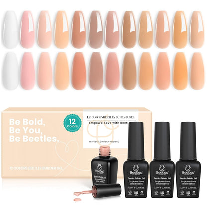 Beetles Builder Gel for Nails, 12 Colors 5 in 1 Milky White Pink Nude Neutral Pastle Nail Gel Polish Jelly Gel Extension Gel Strengthener Gel Cover Gel Apex Builder UV Nail Gel Gift for Women