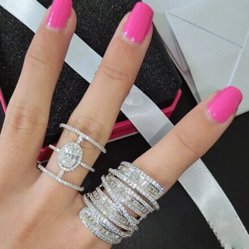 Elegant  Silver White Sapphire Natural stone Birthstone Gemstones Engagement Wedding Anniversary Bride Man Women Ring Size 6 7 8 9 10