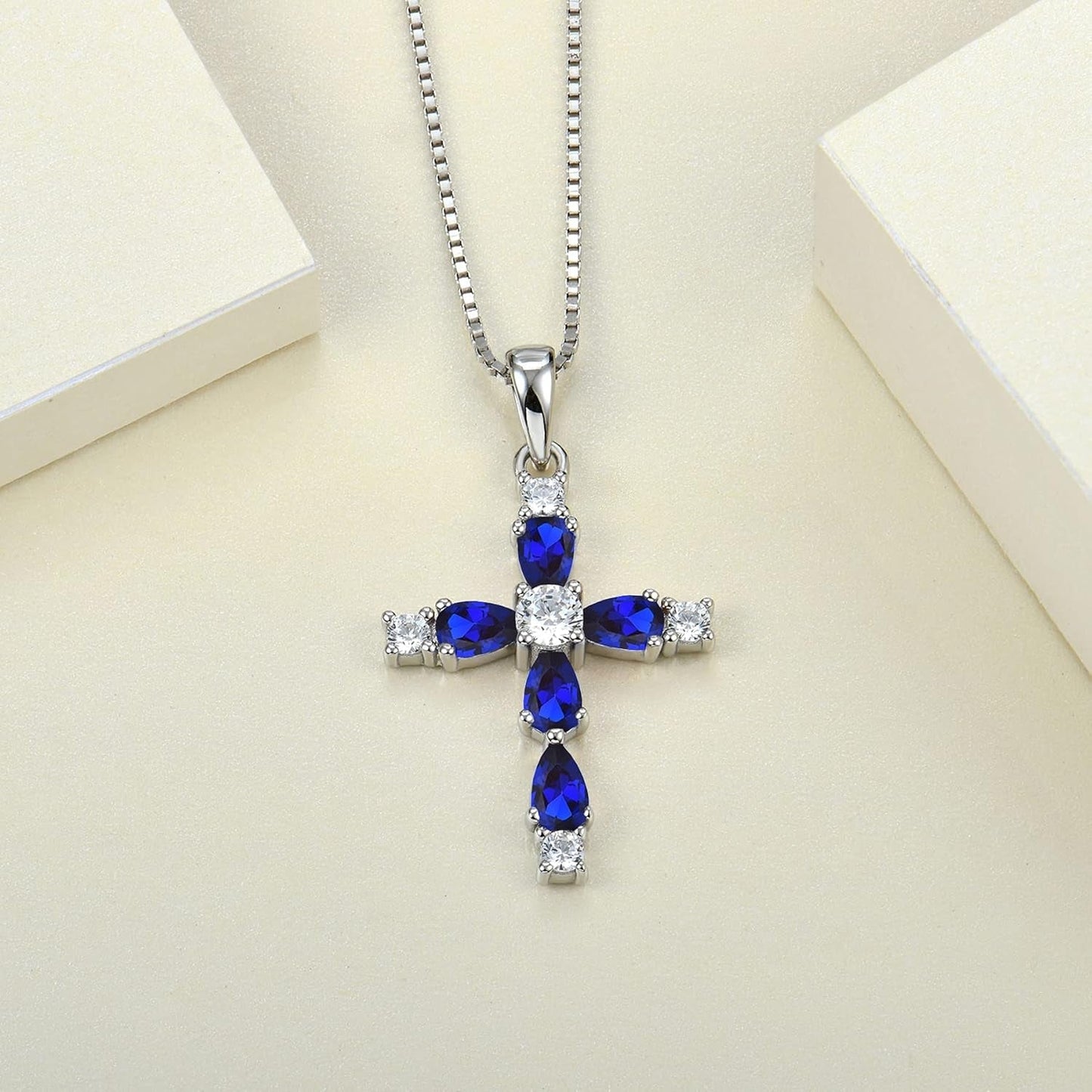 Cross Necklace for Women 925 Sterling Silver Halo Gemstone Pendant Birthstone Religious Jewelry for Mom