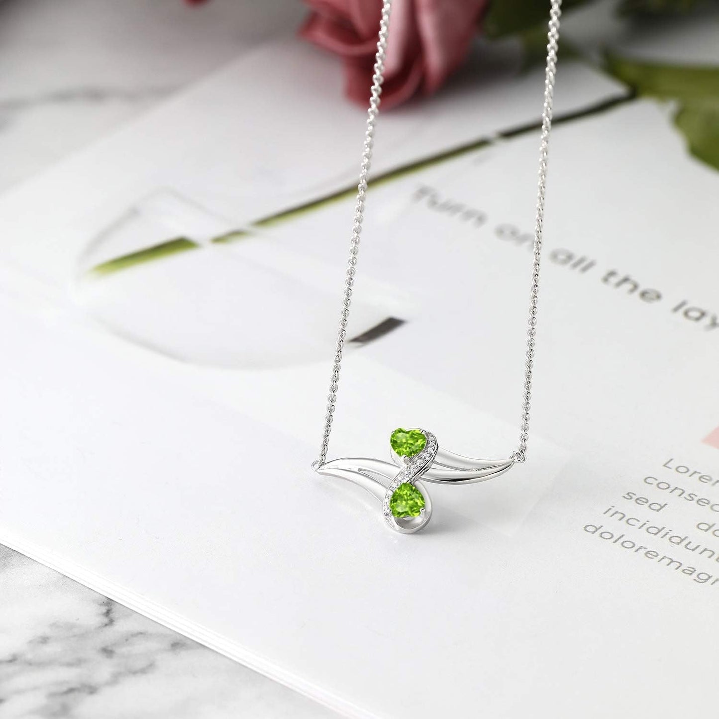 925 Sterling Silver Green Peridot and White Created Sapphire 2 Heart Infinity Pendant Necklace for Women (1.13 Cttw, Gemstone Birthstone, with 18 Inch Silver Chain)