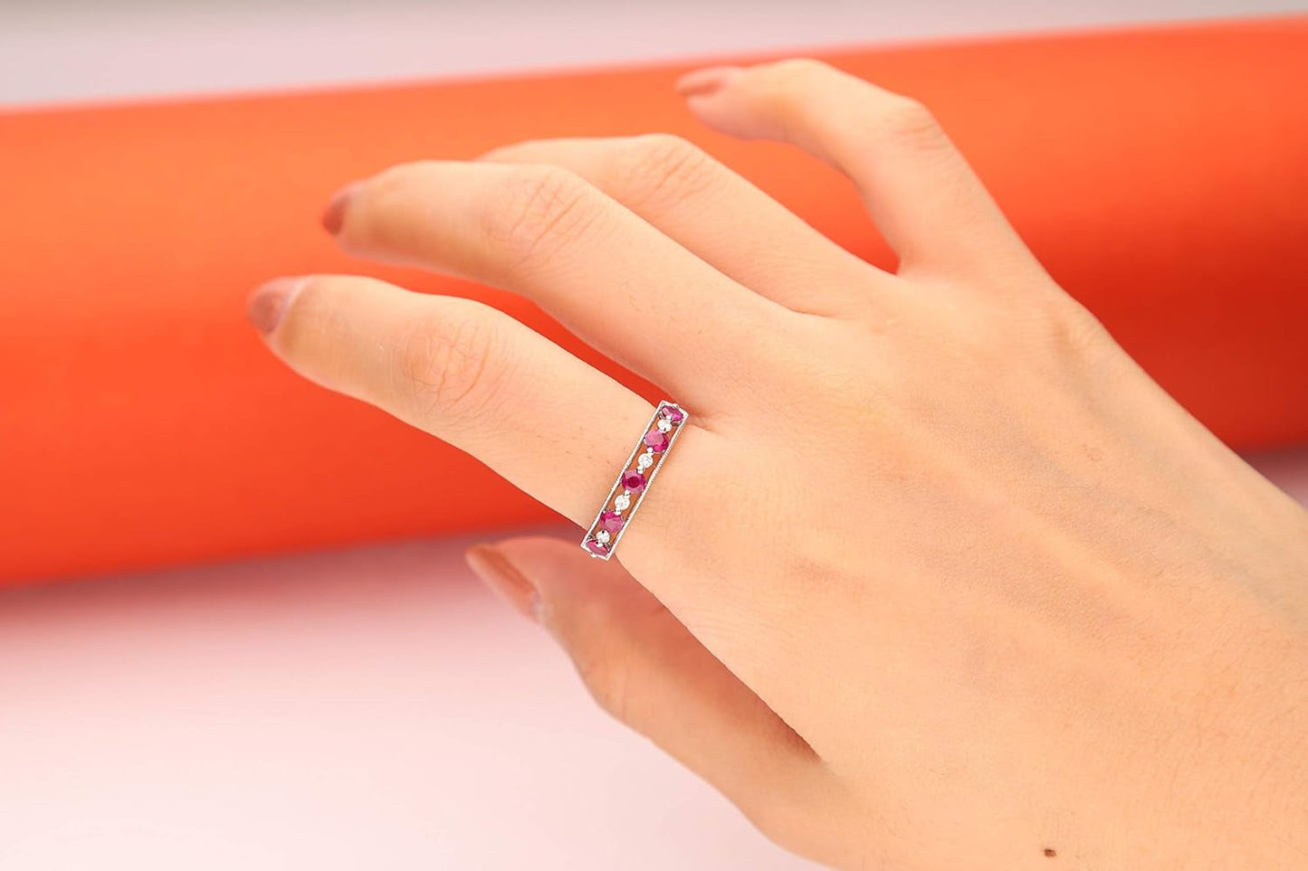 14K White Gold Mozambique Genuine Ruby Ring with Diamonds for Women | Ethically, Authentically & Organically Sourced (Round) Shaped Ruby Hand-Crafted Jewelry for Her | Ruby Ring for Women