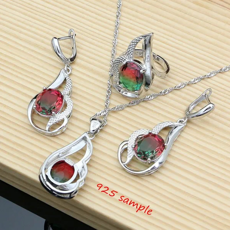 925 Silver Jewelry Sets for Women Rainbow Tourmaline Wedding Necklace Earrings Open Ring