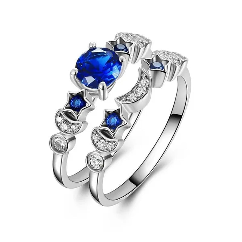 Romantic Moon and Stars Engagement Ring Set 925 Sterling Silver CZ Blue Sapphire Diamond Promise Rings Fashion Cocktail Party Jewelry Bridal Wedding Band Size 6-10 - WORLD TIME VISITS