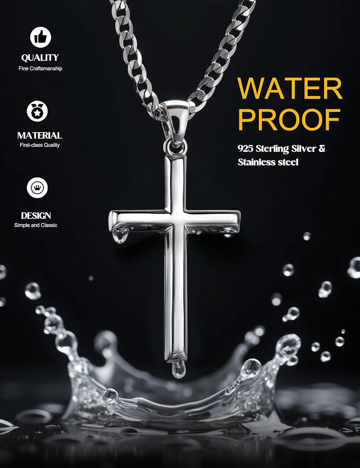 925 Sterling Silver Cross Necklace for Men - Waterproof Layered Sterling Silver Cross Pendant Necklaces Stainless Steel Cuban Link Herringbone Cross Chain Necklace Set Jewelry Gifts 16-30 Inches