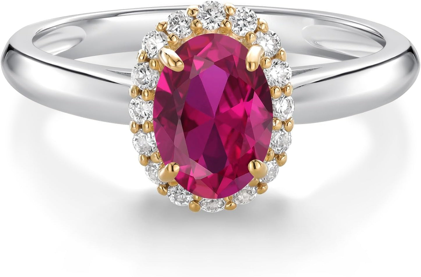 Halo Engagement Ring for Women in 10K White and Yellow Gold with 7X5MM Oval Gemstone Birthstone and White Lab Grown Diamond | Available in Size 5, 6, 7, 8, 9 - WORLD TIME VISITS