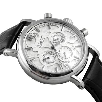 JARAGAR Automatic Mechanical Genuine Leather Strap Wrist Watch Luxury Gift for Men Fashion White Crystal Diamond Jewelry Accessories - WORLD TIME VISITS