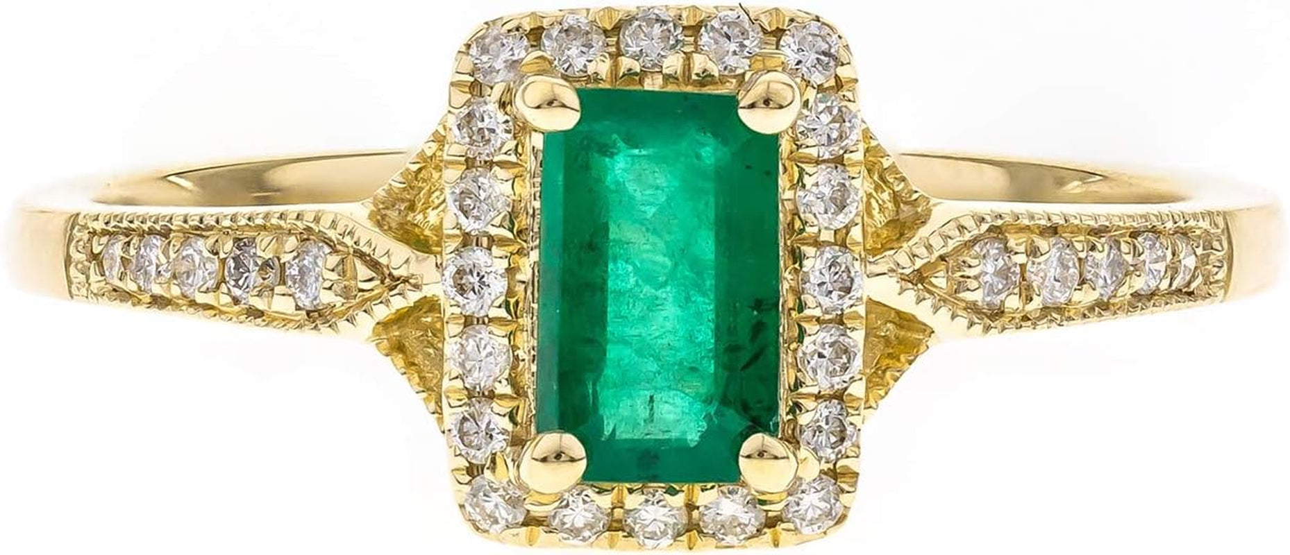 10K Yellow Gold Natural Zambian Emerald Ring with Natural Diamonds for Women | Ethically, Authentically & Organically Sourced Emerald-Shape Emerald Hand-Crafted Jewelry for Her | Emerald Ring for Women - WORLD TIME VISITS