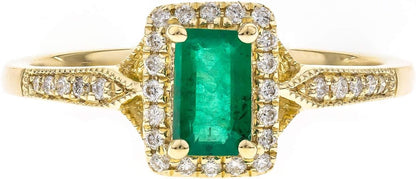 10K Yellow Gold Natural Zambian Emerald Ring with Natural Diamonds for Women | Ethically, Authentically & Organically Sourced Emerald-Shape Emerald Hand-Crafted Jewelry for Her | Emerald Ring for Women - WORLD TIME VISITS