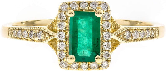 10K Yellow Gold Natural Zambian Emerald Ring with Natural Diamonds for Women | Ethically, Authentically & Organically Sourced Emerald-Shape Emerald Hand-Crafted Jewelry for Her | Emerald Ring for Women - WORLD TIME VISITS