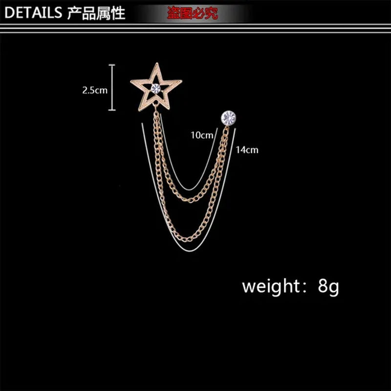 New Crystal Pentagram Brooch Pin Fashion Tassel Chains Suit Shirt Badge Collar Lapel Pin for Men and Women Jewelry Gifts