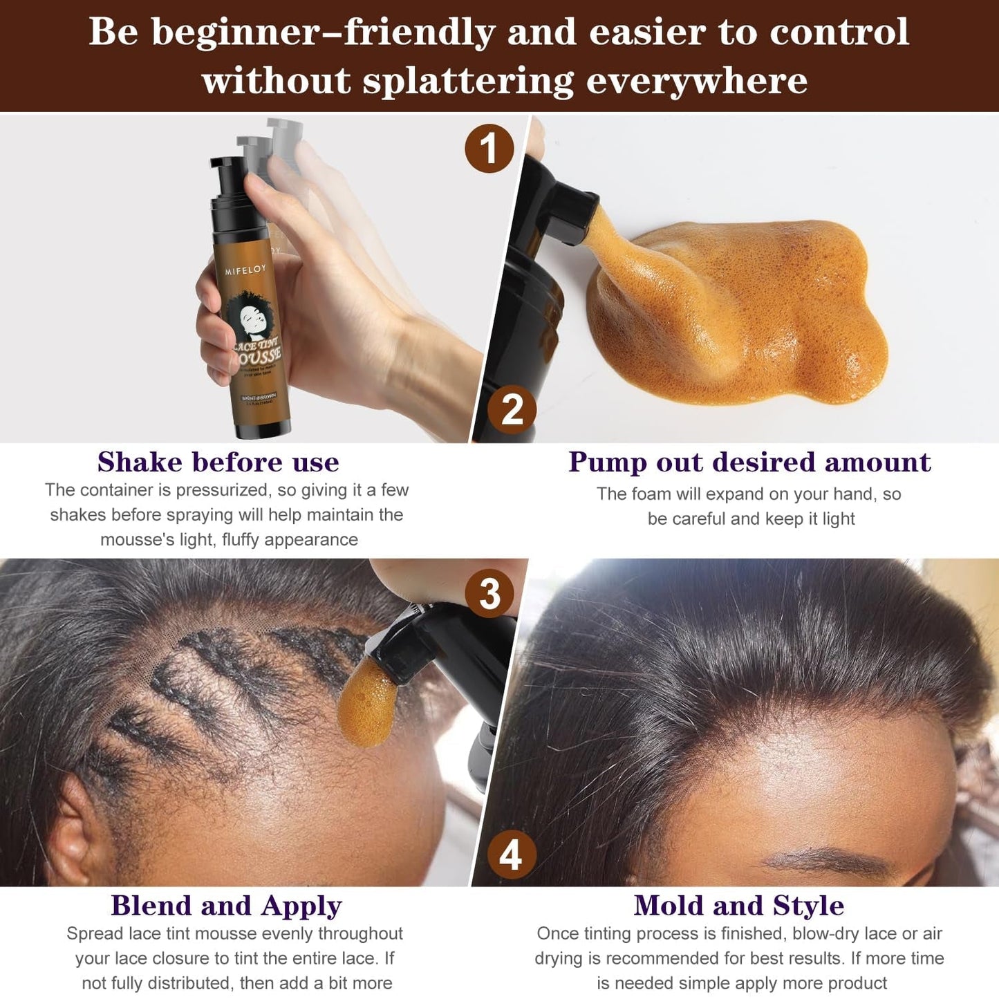 Women'S Hair Mousse Foam 3.4 Fl Oz, Mocha Medium Brown, Natural Finishing Edge Control Lace Spray Glue for Lace Front Wigs, Toupees and Hair Pieces, Bold Hold Set