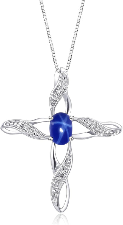 Necklace Sterling Silver 925 Cross Necklace with Gemstone & Diamonds Pendant with 18" Chain 7X5MM Birthstone Womens Jewelry Silver Necklace for Women Diamond Necklace - WORLD TIME VISITS