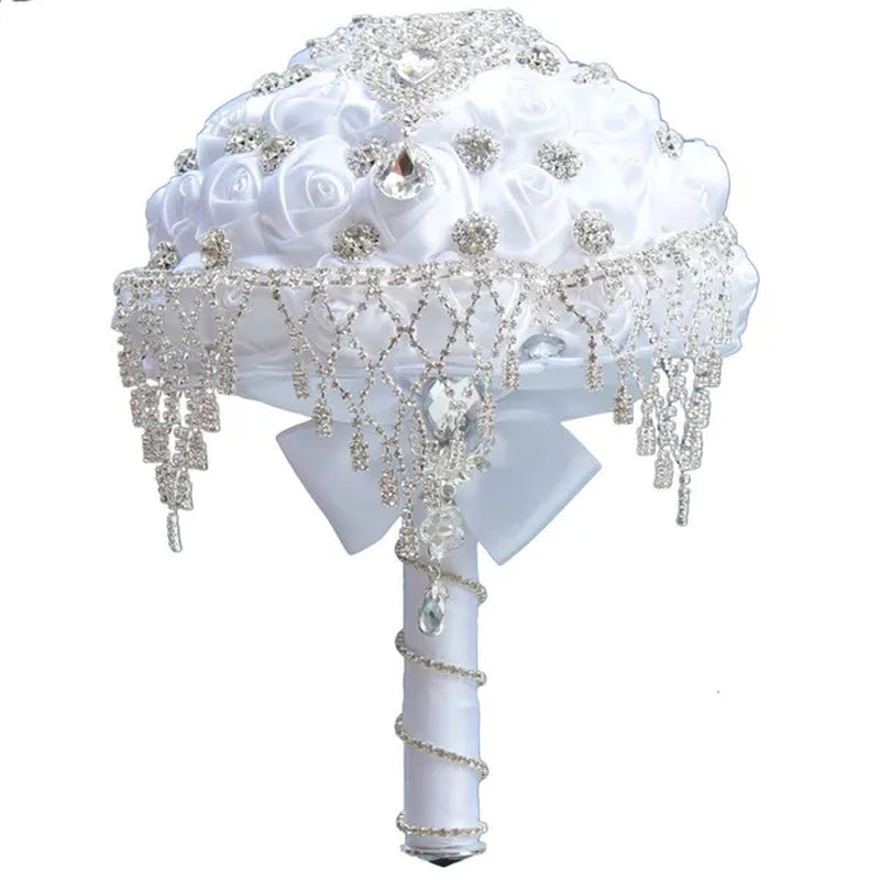 18CM Luxury Crystal Brooch Bridesmaid Bridal Bouquet Rhinestone Tassel White Silk Rose Wedding Flower Bouquet Ribbon Artificial Flower Wedding Supplies