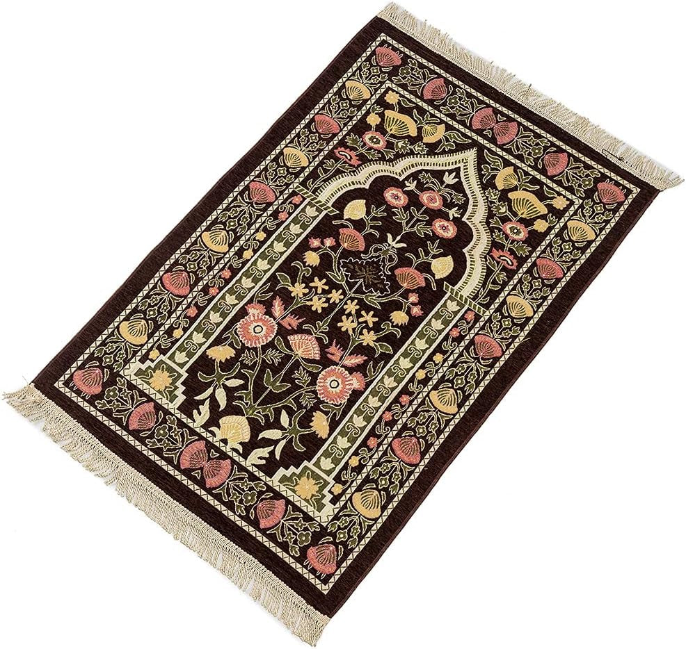Portable Muslim Prayer Rug Bag Set, Traditional Floral Islam Prayer Mat Carpet with Tassels Home Travel Folable Ramadan Praying Mat Namaz Rug Eid Islamic Rug for Kids Men Women