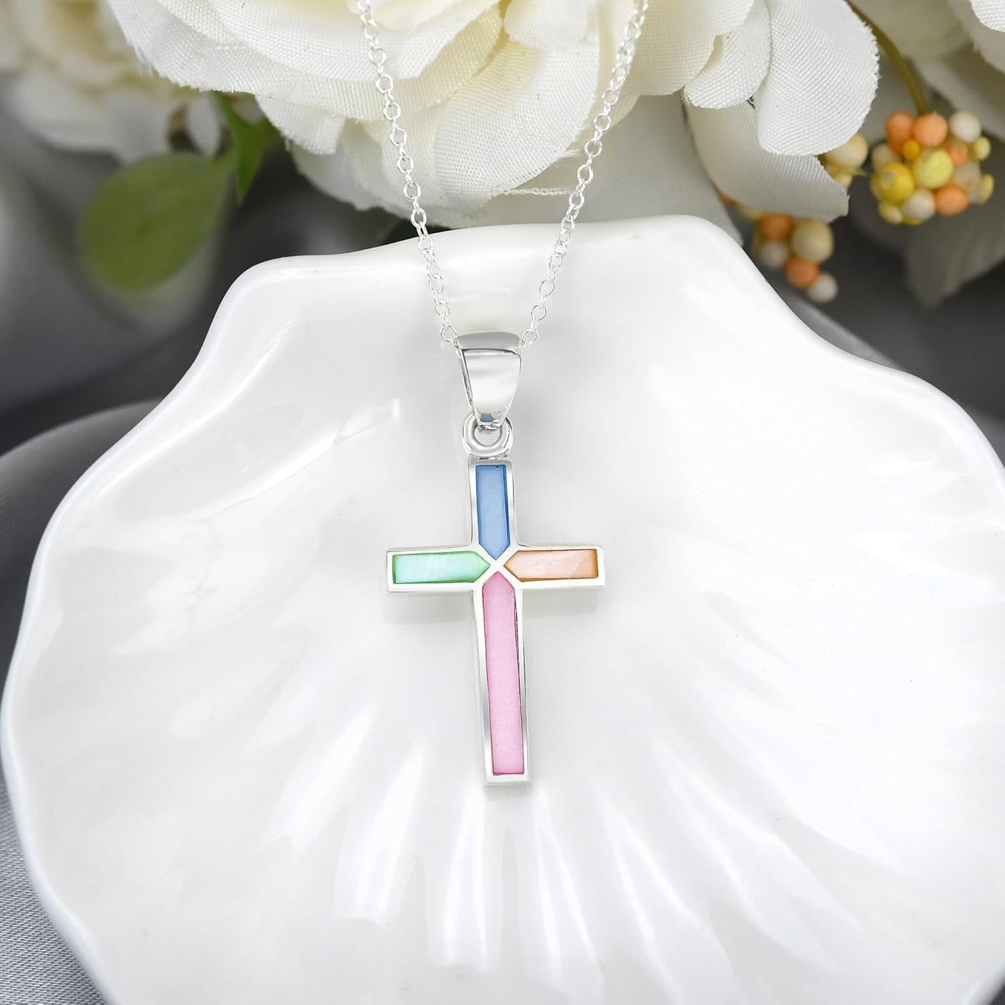 Iridescent Cross of Faith Stone and Shell .925 Sterling Silver Necklace, 18 Inch