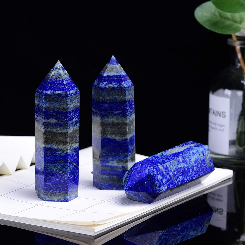 Blue Lapis Lazuli Natural Healing Crystal Wands Height 2"-2.4", 6 Faceted Prism Wand Reiki Chakra Stone, Natural Quartz