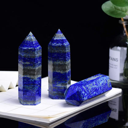 Blue Lapis Lazuli Natural Healing Crystal Wands Height 2"-2.4", 6 Faceted Prism Wand Reiki Chakra Stone, Natural Quartz