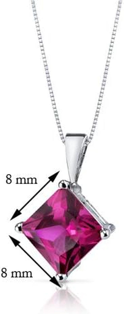 Created Ruby Pendant in 14 Karat White Gold, Classic Solitaire, Princess Cut, 8Mm, 3 Carats Total