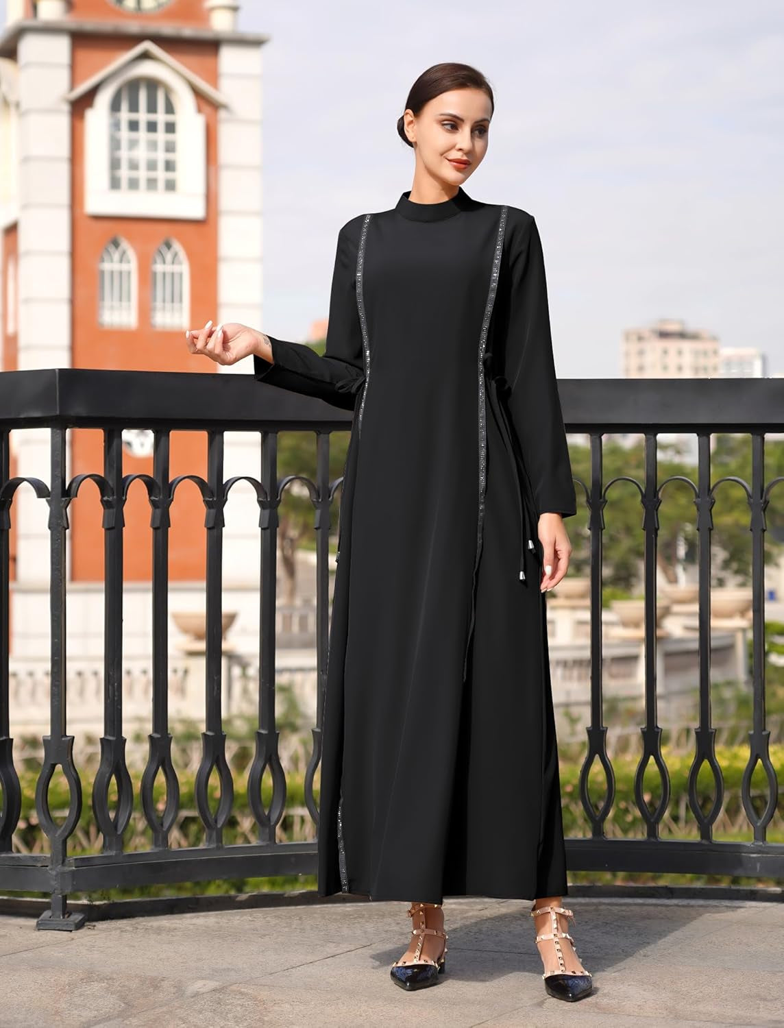 Abay for Women Shiny Self Tie Modest Muslim Dress Ramadan Eid Prayer Clothes Dubai Islamic Jalabiya Arabian Jilbab