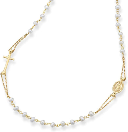 18K Gold over 925 Sterling Silver Handmade Italian White Freshwater Pearl Ball Beaded Sideways Rosary Cross Necklace for Women, Made in Italy