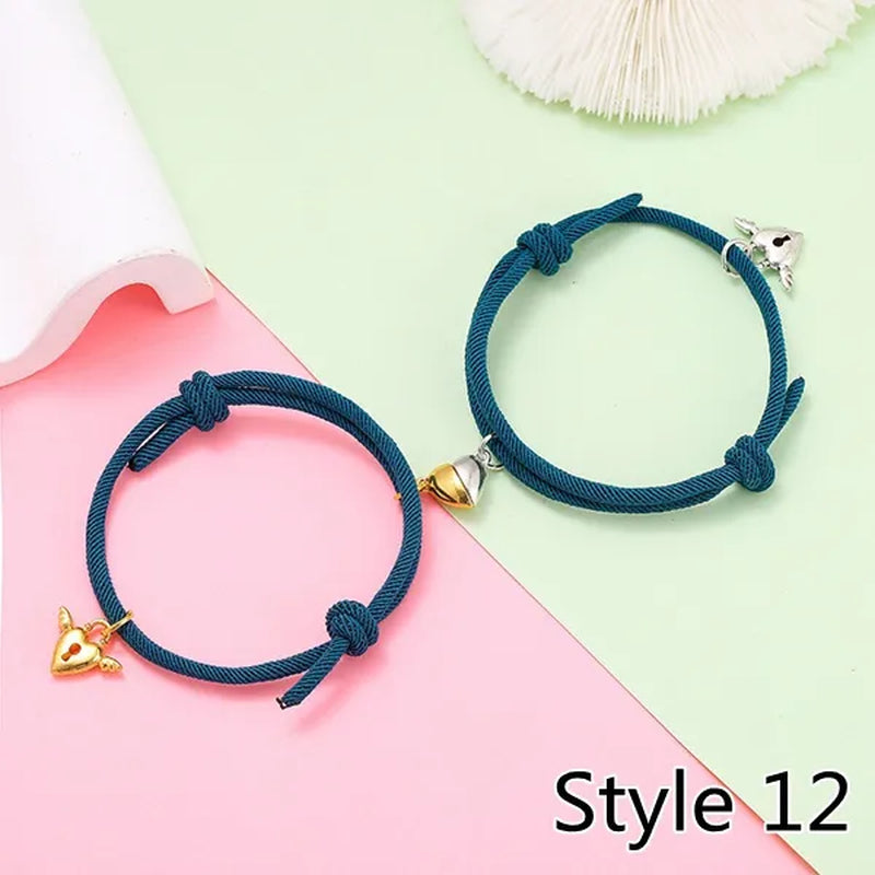 2Pcs Magnetic Bracelet Stainless Steel Heart Pendant Charm Couple Bracelets for Lover Friend Men Women Braid Rope Bracelets