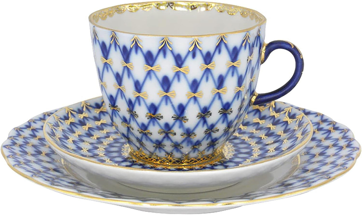 Lomonosov Porcelain Cobalt Net Coffee Cup and Saucer 3Pc. - WORLD TIME VISITS