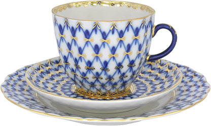 Lomonosov Porcelain Cobalt Net Coffee Cup and Saucer 3Pc. - WORLD TIME VISITS
