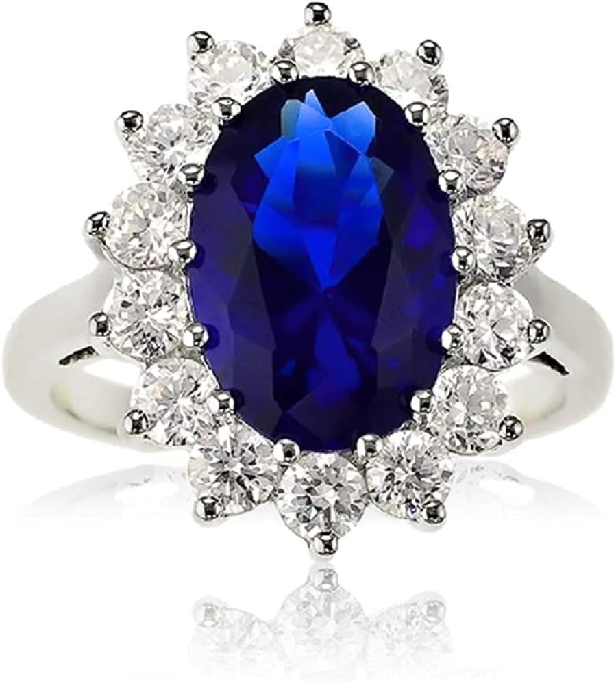 Sterling Silver Large Oval Created Blue Sapphire and Clear Cubic Zirconia Statement Bridal Engagement Princess Diana/Kate Middleton Royal Ring - WORLD TIME VISITS
