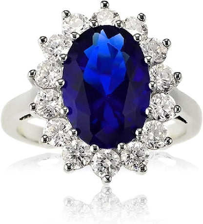 Sterling Silver Large Oval Created Blue Sapphire and Clear Cubic Zirconia Statement Bridal Engagement Princess Diana/Kate Middleton Royal Ring - WORLD TIME VISITS