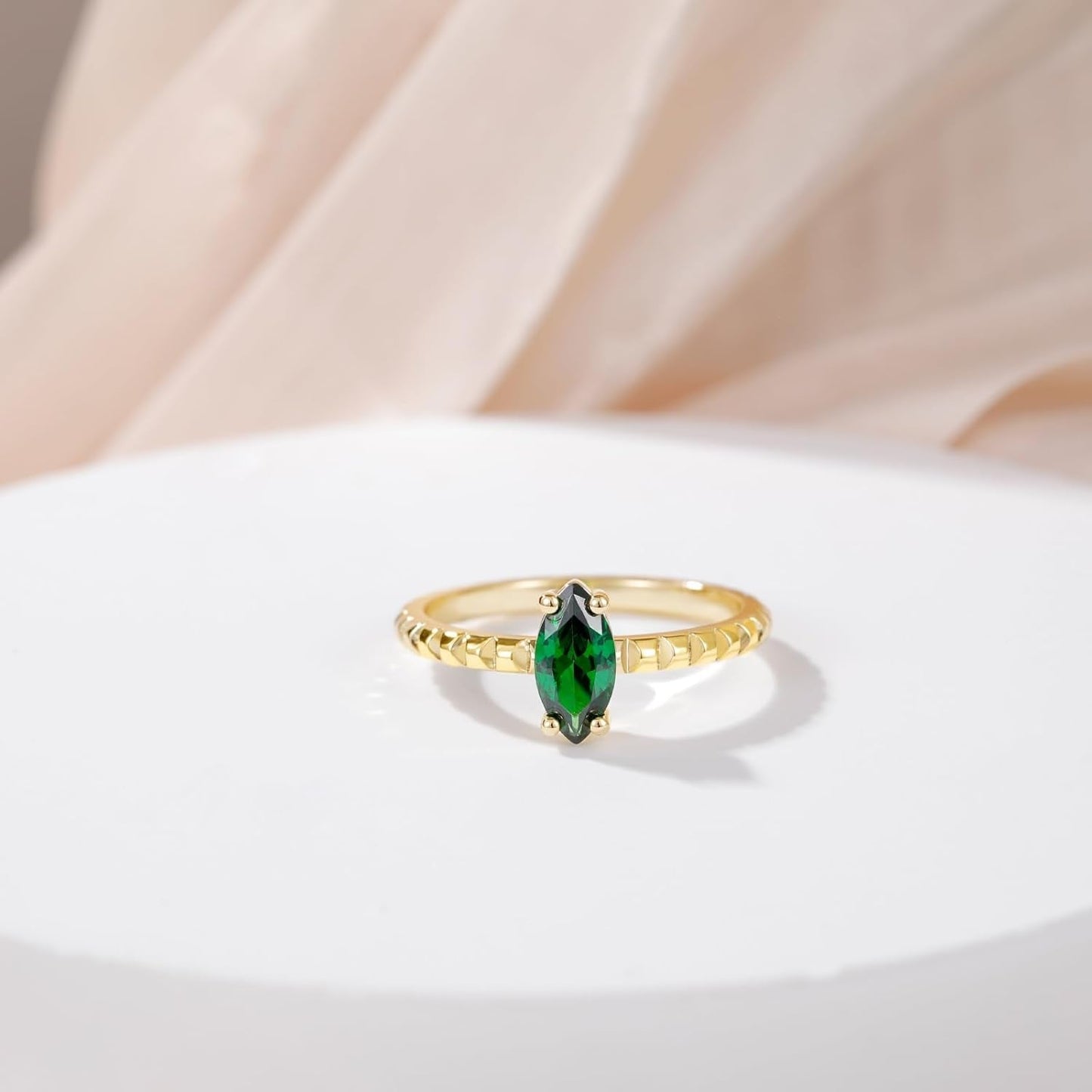 14K Gold Plated Engagement Rings for Women Created Green Emerald Solitaire Emerald Oval Marquise Cut Wedding Band Promise Ring for Her Size 5-10