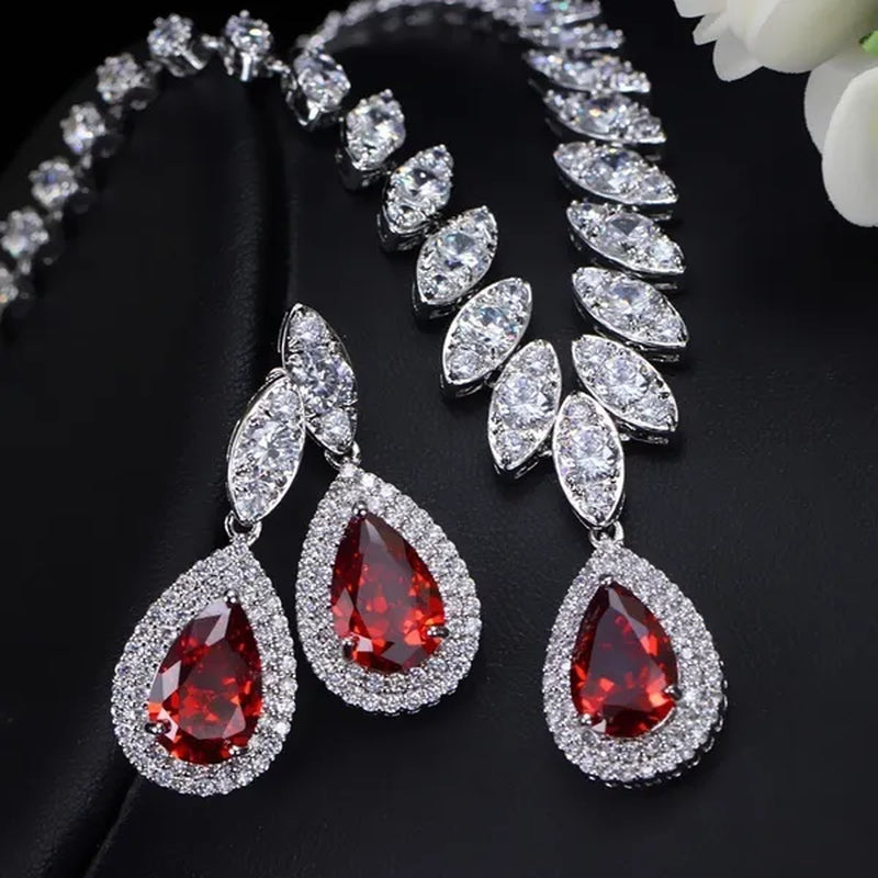 CANDICE Wedding Banquet Jewelry Sets For Brides Waterdrop Earrings Necklace Set Pear Cut Blue Zirconia Silver Plated