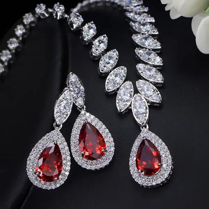 CANDICE Wedding Banquet Jewelry Sets For Brides Waterdrop Earrings Necklace Set Pear Cut Blue Zirconia Silver Plated