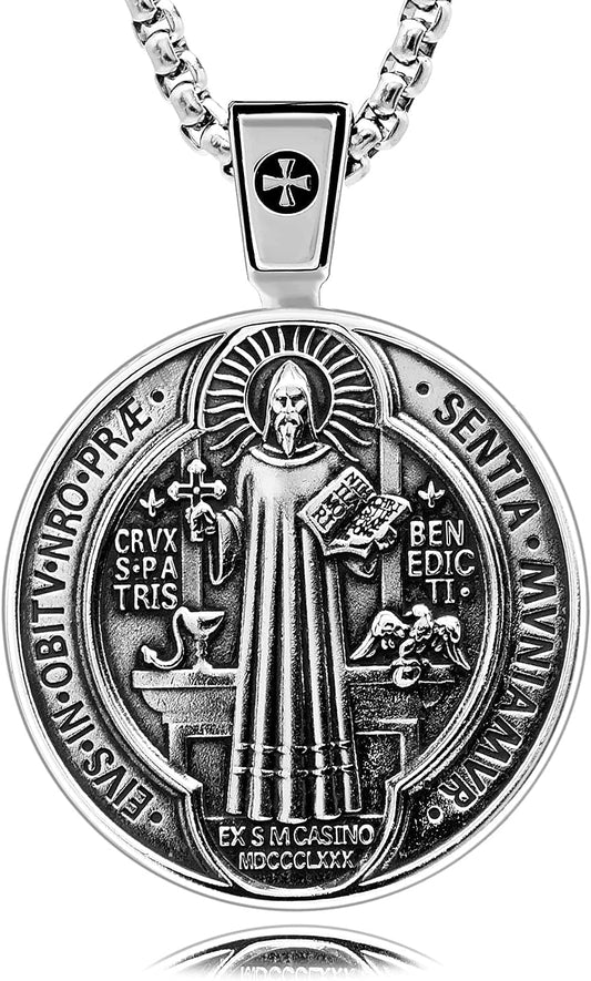 ® Best Saint Benedict Medal Protection Cross Sacramental Christian Amulet Exorcism Solid 925 Sterling Silver Pendant Necklace + Velvet Pouch, Polishing Cloth, Fine Gift Box