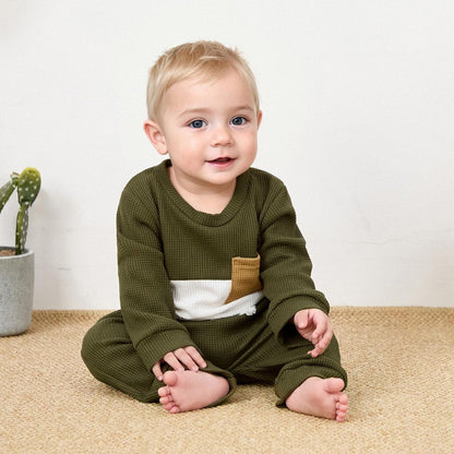 Baby Boy Clothes Fall Winter Waffle Knit Contrast Color Sweatshirt Tops Casual Pants Set Toddler 2Pcs Outfit
