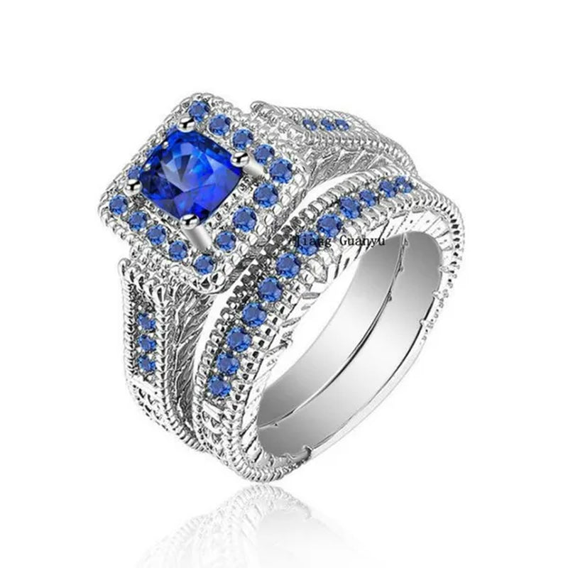 Two Rings Couple Rings Forever Love 316L Stainless Steel Men'S Ring 10Kt White Gold Filled Princess Cut 1Ct Sapphire Women'S Wedding Ring Sets - WORLD TIME VISITS