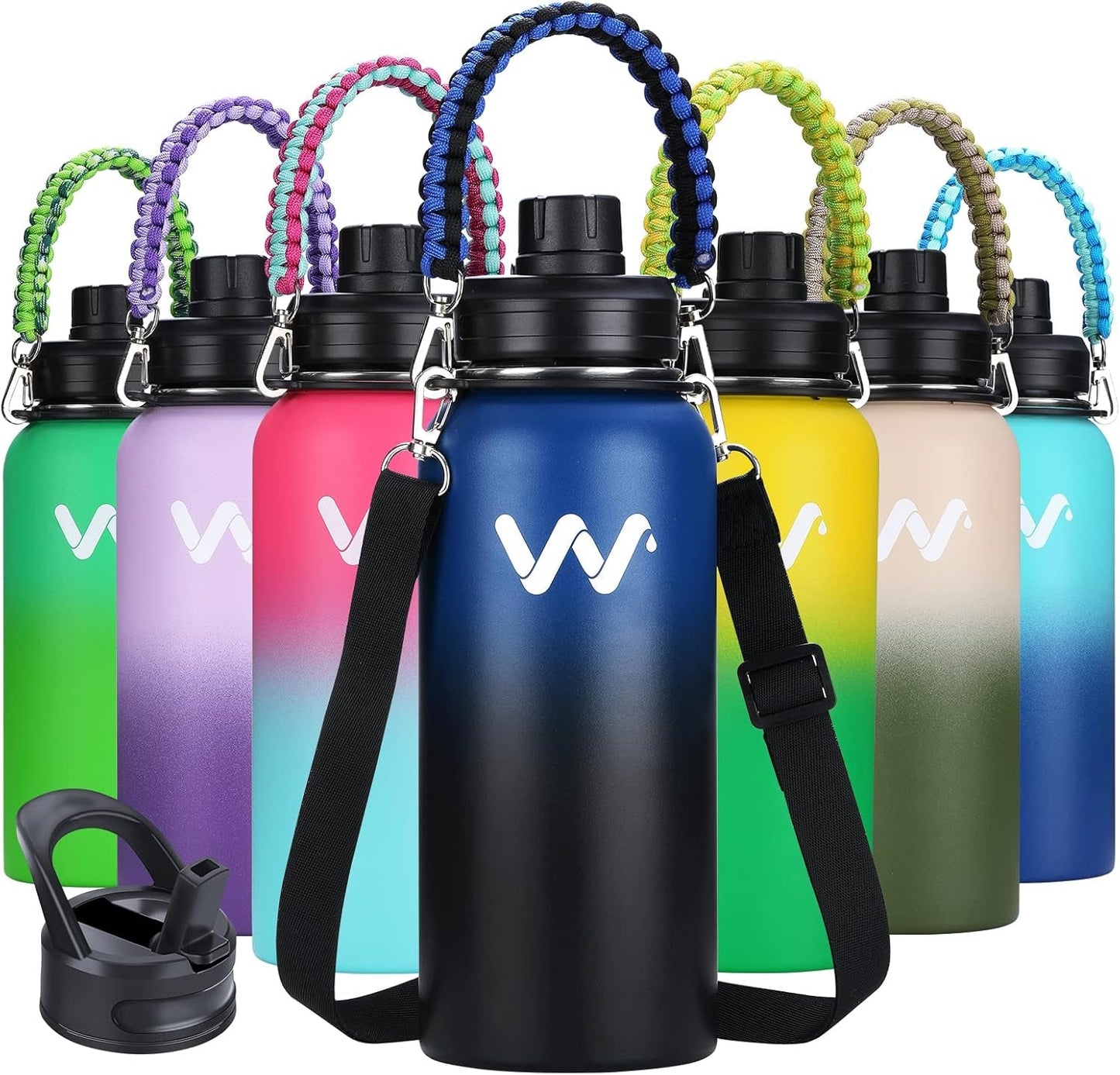 Insulated Water Bottle with Paracord Handles & Strap & Straw Lid & Spout Lid,Reusable Wide Mouth Vacuum Stainless Steel Water Bottle for Adults 24 Oz, 32 Oz, 40 Oz - WORLD TIME VISITS