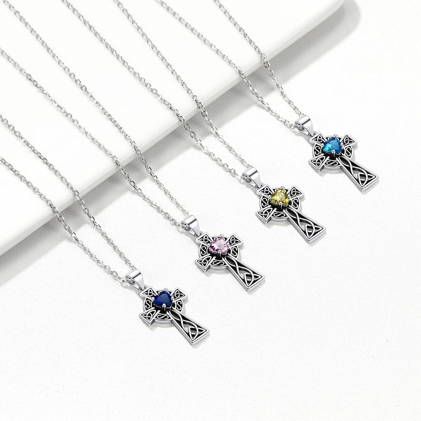 Vintage 925 Sterling Silver Celtic Cross/Triquetra Necklace with 12 Month Heart Gemstone, Dainty Heart Birthstone Necklace Faith Irish Amulet Lucky Jewelry Birthday Gift for Women Girls…