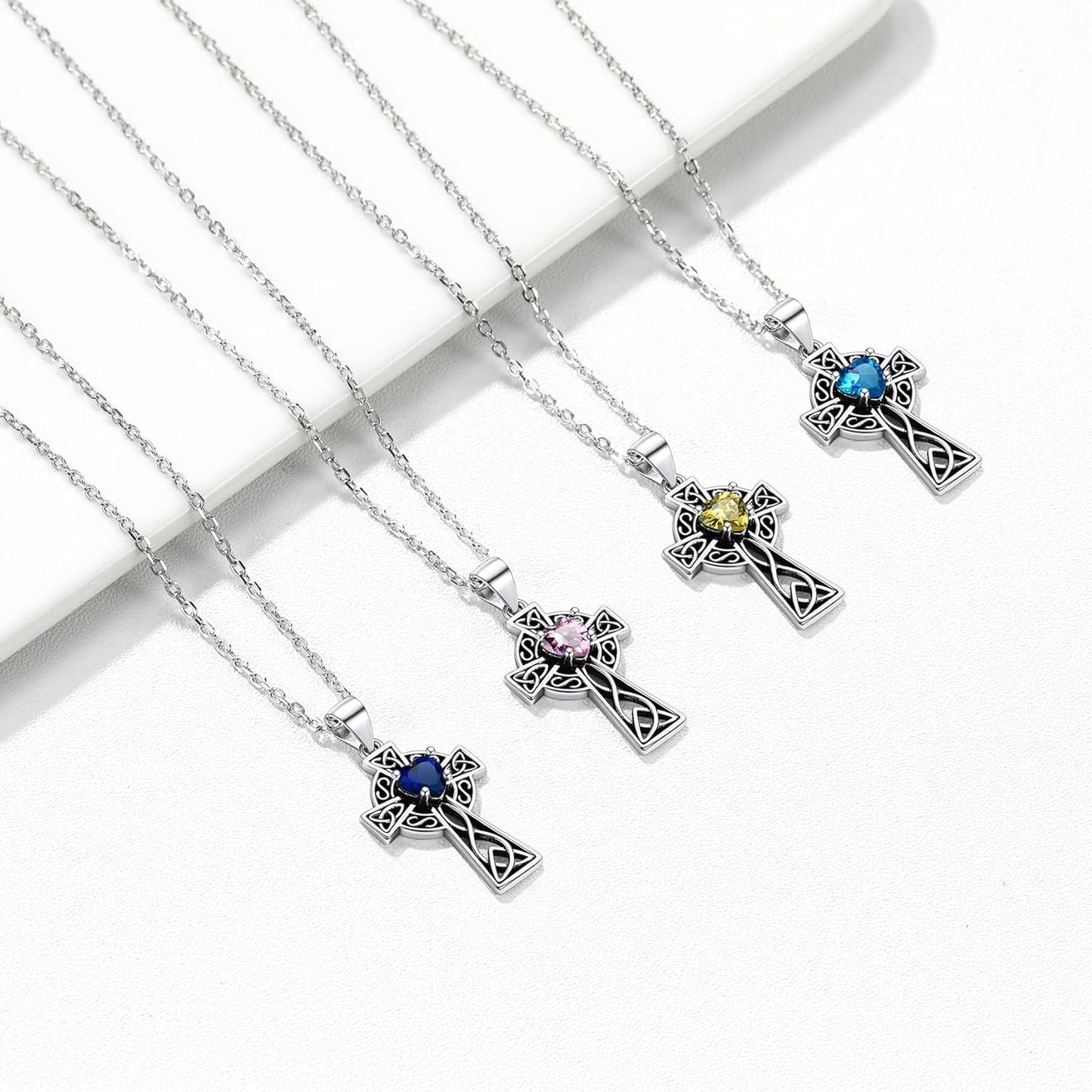 Silver Celtic Cross Necklace with 12 Month Heart Birthstone, Dainty Celtic Birthstone Necklace Silver Chain for Women Faith Irish Amulet Lucky Birthstone Jewelry