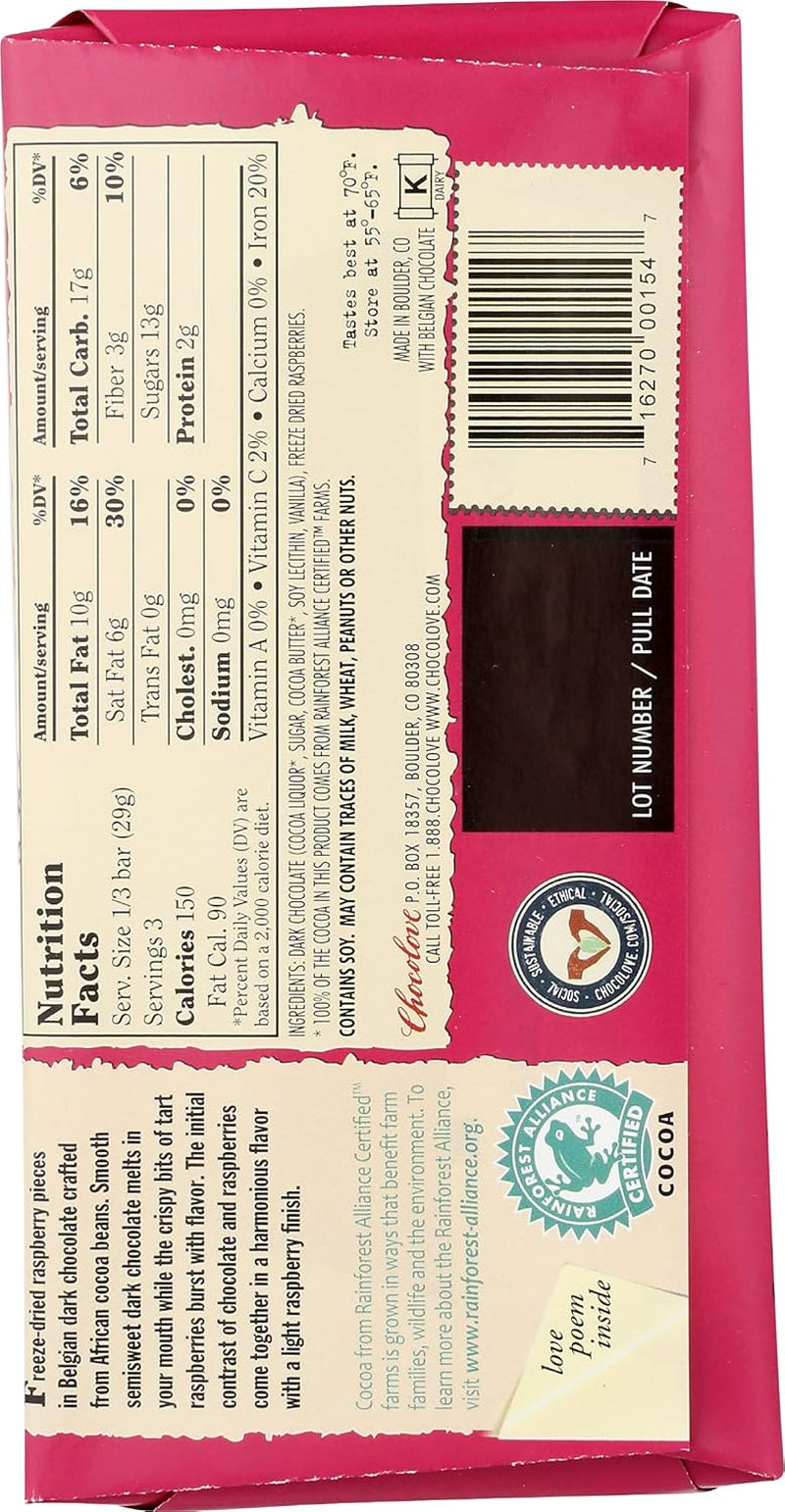 Xoxo Raspberries in Dark Chocolate Bar -- 3.1 Oz