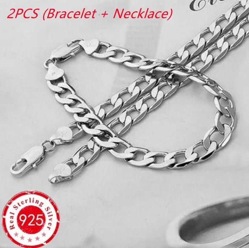 2PCS (Bracelet + Necklace) 925 Sterling Silver Fashion Jewelry Sets Curb Chain Necklace 925 Solid Silver Jewelry High Quality Necklace Bracelet 16 - 30 Inches - WORLD TIME VISITS