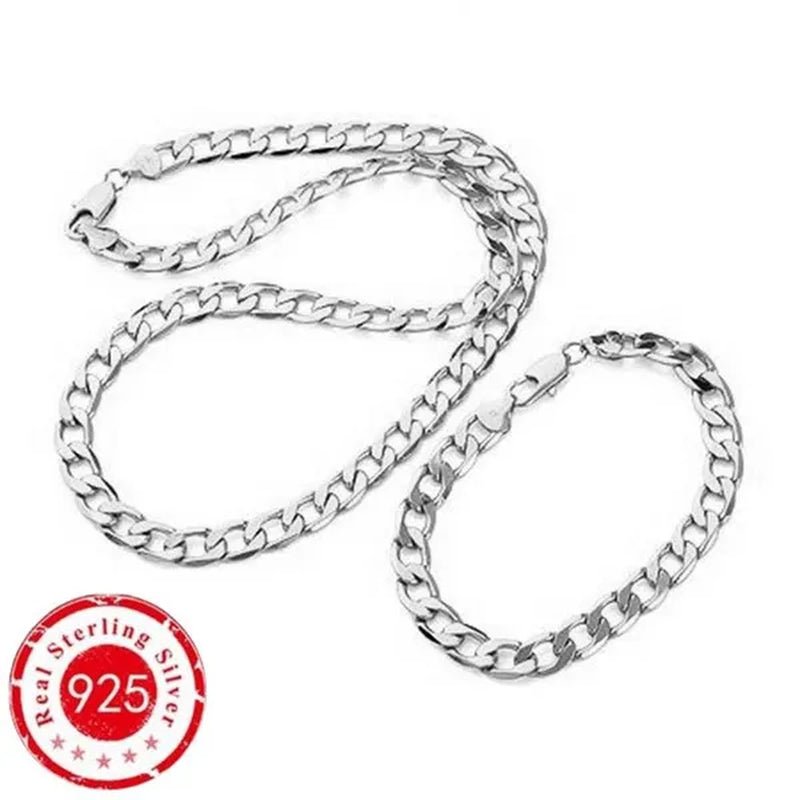 2PCS (Bracelet + Necklace) 925 Sterling Silver Fashion Jewelry Sets Curb Chain Necklace 925 Solid Silver Jewelry High Quality Necklace Bracelet 16 - 30 Inches - WORLD TIME VISITS