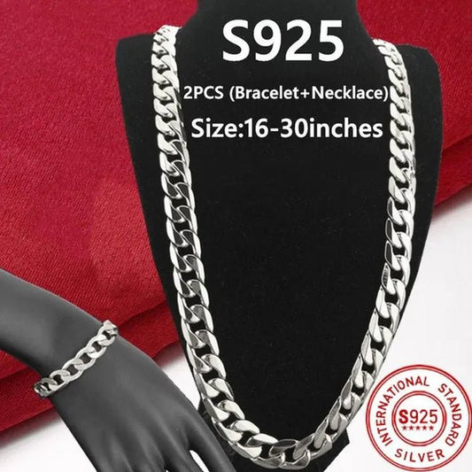 2PCS (Bracelet + Necklace) 925 Sterling Silver Fashion Jewelry Sets Curb Chain Necklace 925 Solid Silver Jewelry High Quality Necklace Bracelet 16 - 30 Inches - WORLD TIME VISITS