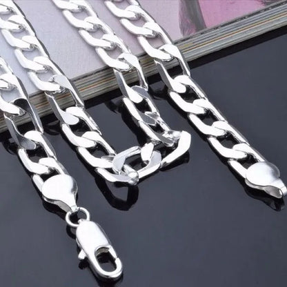 2PCS (Bracelet + Necklace) 925 Sterling Silver Fashion Jewelry Sets Curb Chain Necklace 925 Solid Silver Jewelry High Quality Necklace Bracelet 16-30 Inches