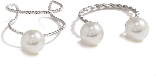 2Pcs Shell Pearl Adjustable Wedding Statement Rings for Women Girls Silver Plated Expandable Twisted Layered Open Wrap Rings Comfort Fit Fashion Delicate Birthday Christmas Party Jewelry Gifts - WORLD TIME VISITS