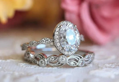 2pcs Simple Silver Color Ring Floral Engraved White Zirconia Women's Ring Wedding Anniversary Christmas Gift Beach Party Jewelry - WORLD TIME VISITS